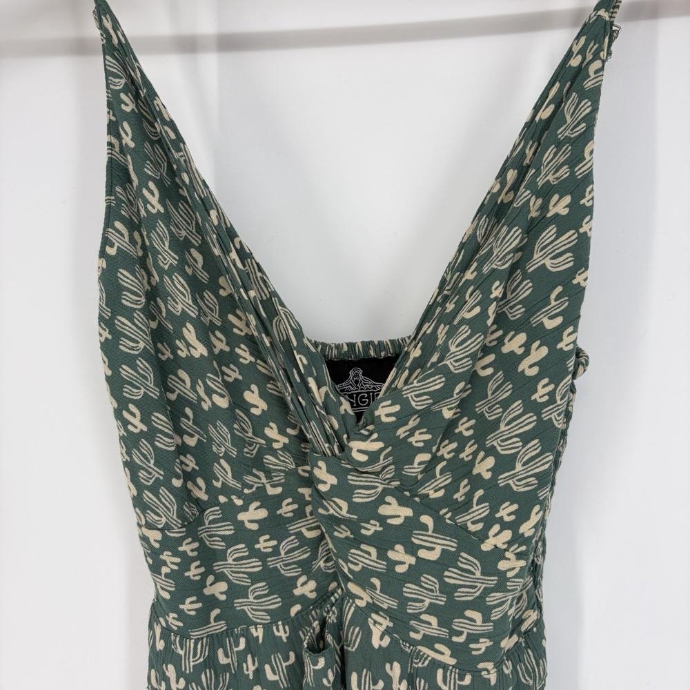 ANGIE Twist Front Keyhole Dress S Crinkle Green Cactus Hippie Desert Fairy Boho